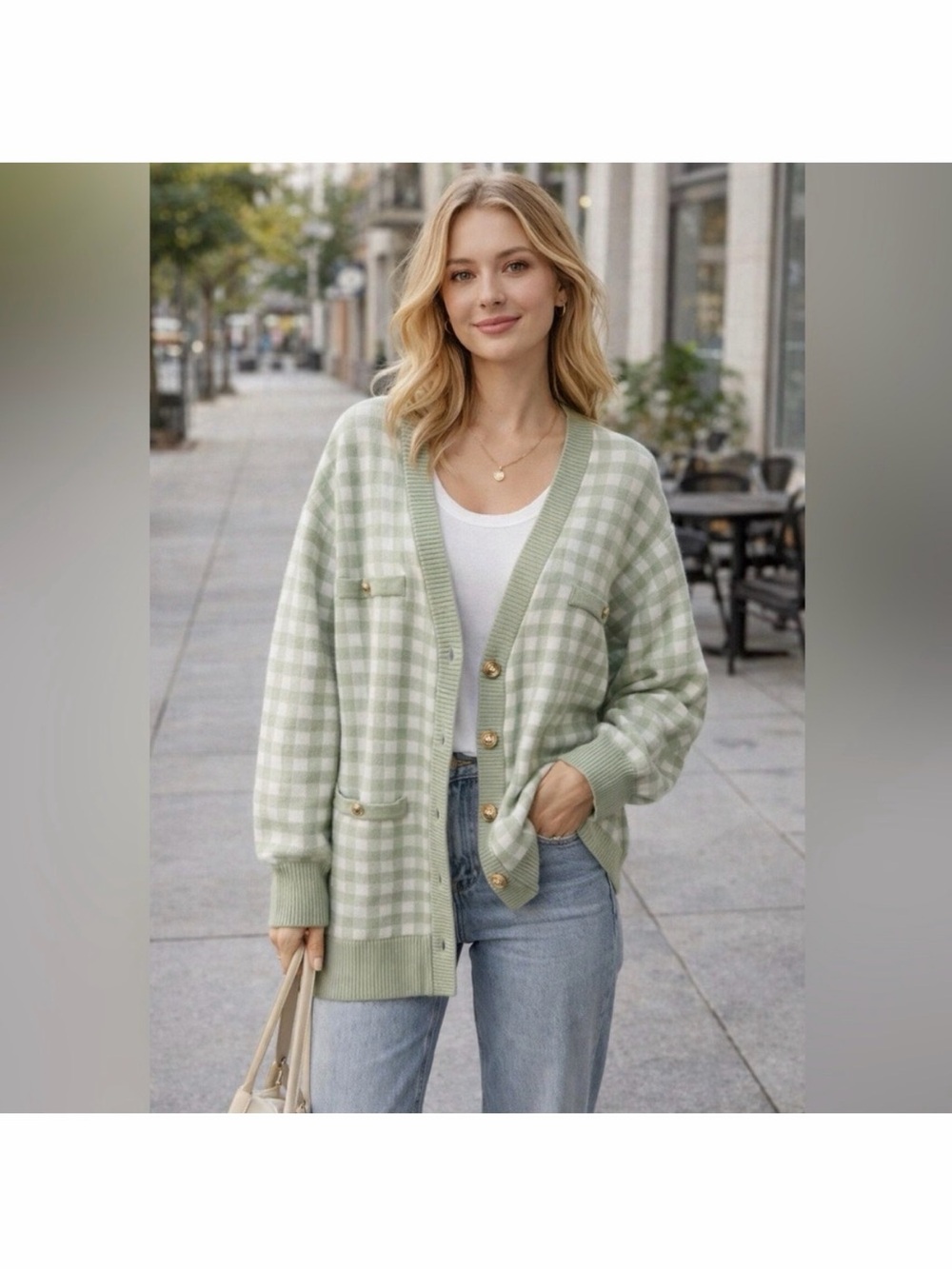 Joie Sandro Gingham Green V-Neck Button Cardigan NWOT Small